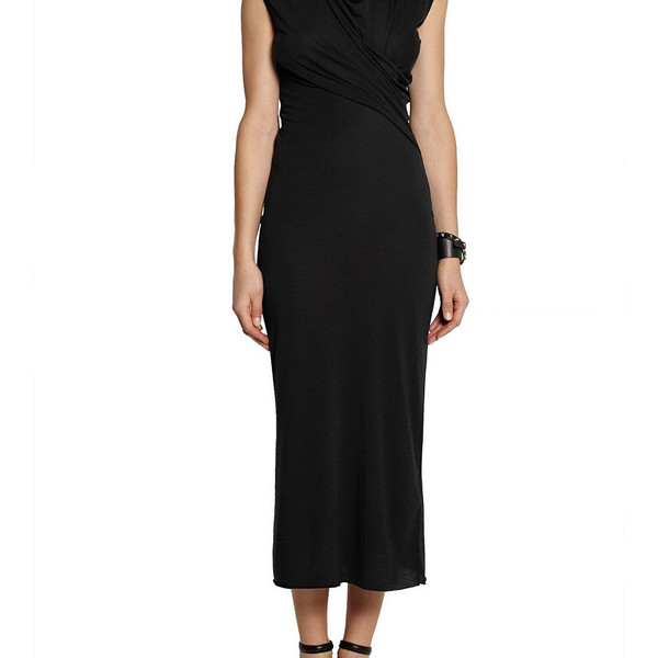 Black wrap effect jersey dress Fitted over the knee dress with draped neckline Black wrap effect jersey dress Fitted over the knee dress with draped neckline