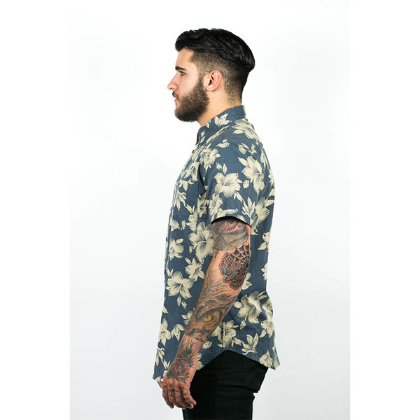 Men's Wolf & Man Malphite - blue beige hawaiian floral shirting Men's Wolf & Man Malphite - blue beige hawaiian floral shirting
