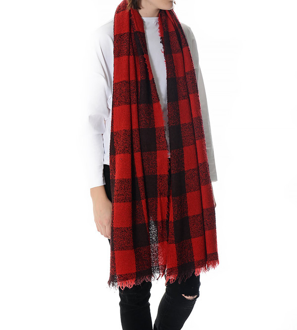 destin Red Plaid Fuffy Stola Scarf destin Red Plaid Fuffy Stola Scarf