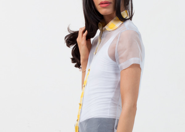 Harvey Faircloth Sheer Button-Up Blouse in Pale Blue Harvey Faircloth Sheer Button-Up Blouse in Pale Blue