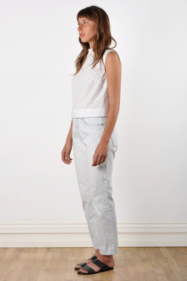 Waltz Mock Neck Sleeveless Tee in White Cotton Poplin Waltz Mock Neck Sleeveless Tee in White Cotton Poplin