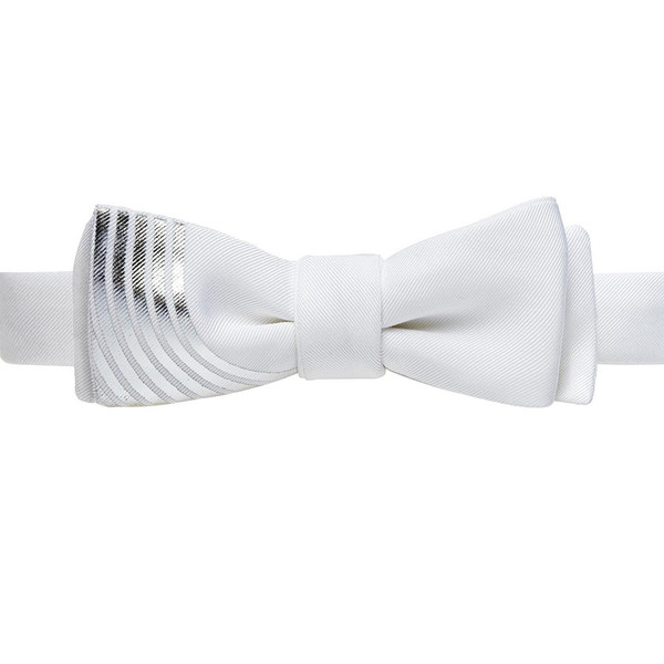 BOSIE New York White Bow Tie With Concave Silver Stripes BOSIE New York White Bow Tie With Concave Silver Stripes