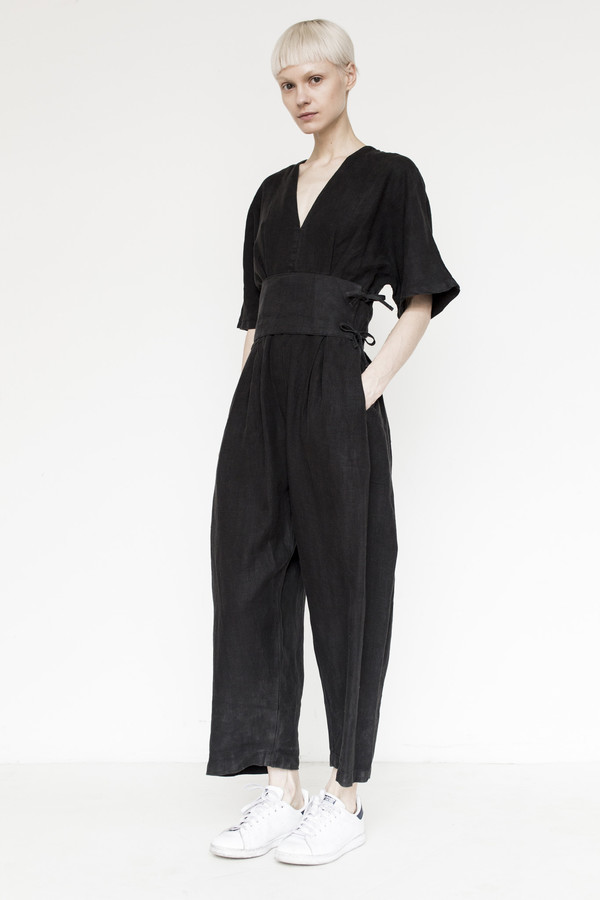 Black Crane Linen V-Neck Jumpsuit Black Crane Linen V-Neck Jumpsuit
