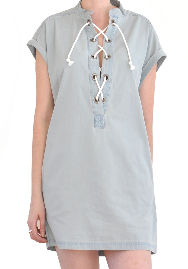 Courtshop "Kim" Lace Up Deep V Chambray Dress Courtshop "Kim" Lace Up Deep V Chambray Dress