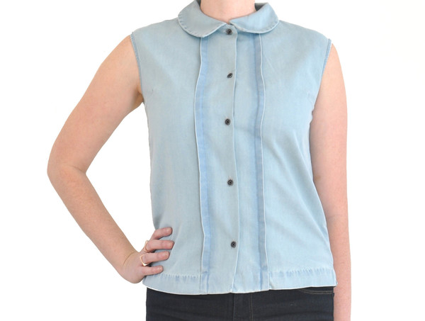 Courtshop "Robin" Sleeveless Pintucked Chambray Blouse Courtshop "Robin" Sleeveless Pintucked Chambray Blouse
