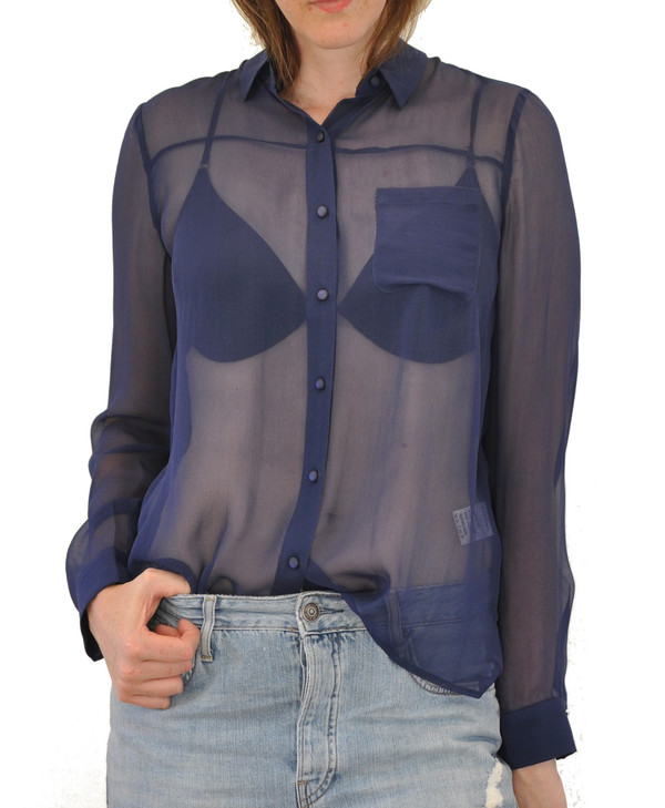 The Korner Navy Long Sleeve Sheer Silk Shirt The Korner Navy Long Sleeve Sheer Silk Shirt