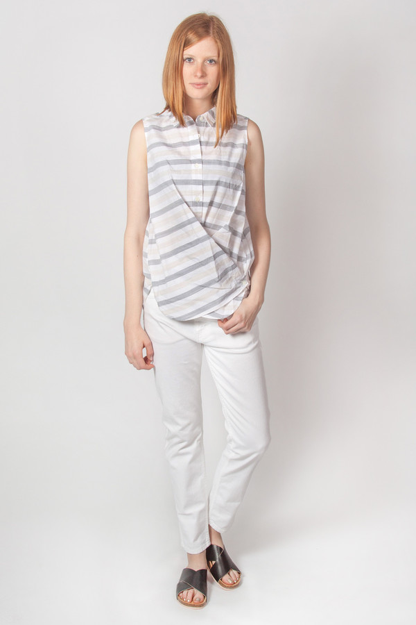 Steven Alan Sleeveless Cross Over Shirt Grey Tan Stripe Steven Alan Sleeveless Cross Over Shirt Grey Tan Stripe