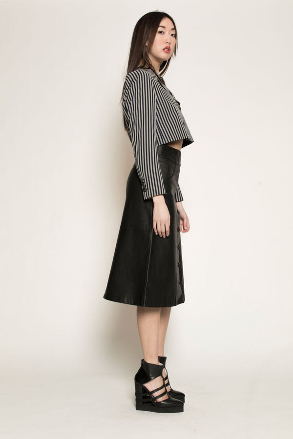Dzojchen Mid-Length High-Waisted Leather Skirt in Black Leather Dzojchen Mid-Length High-Waisted Leather Skirt in Black Leather