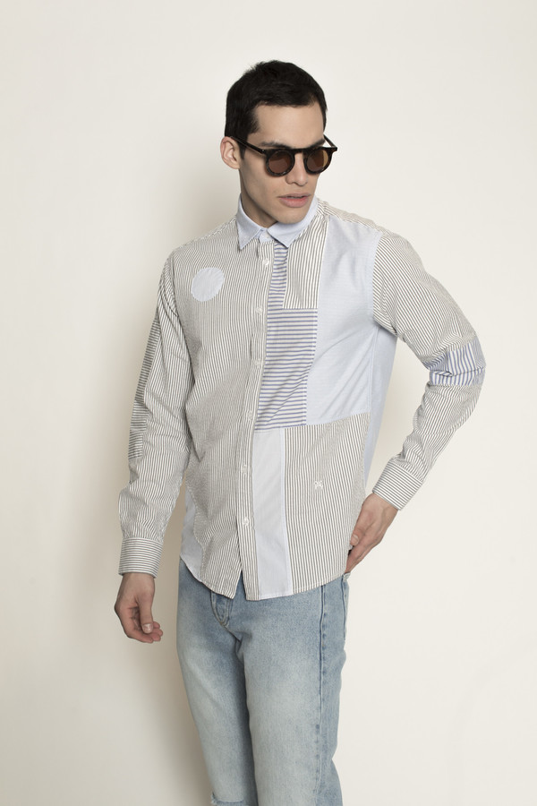Men's Soulland Stitch Button Down Patchwork Shirt in Blue/White Men's Soulland Stitch Button Down Patchwork Shirt in Blue/White