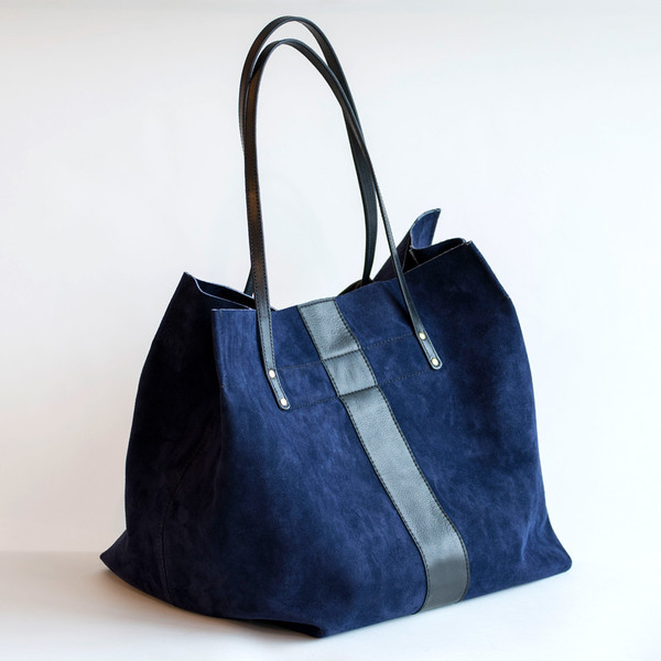 Kempton & Co Suede Stripe Leather Tote Navy/Black Kempton & Co Suede Stripe Leather Tote Navy/Black