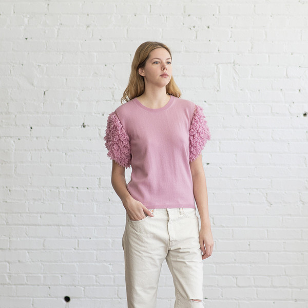 Ryan Roche Crewneck Sweater with Shag Sleeves Carnation Pink - SOLD OUT Ryan Roche Crewneck Sweater with Shag Sleeves Carnation Pink - SOLD OUT