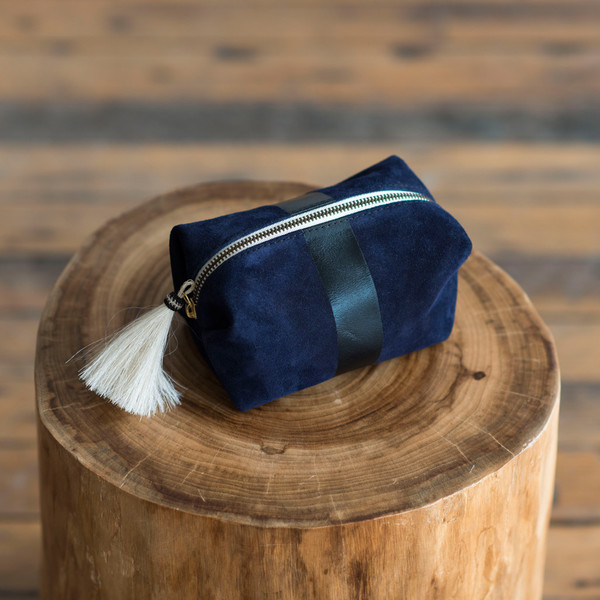 Kempton & Co Small Suede Stripe Tassel Cosmetic Case Navy Kempton & Co Small Suede Stripe Tassel Cosmetic Case Navy