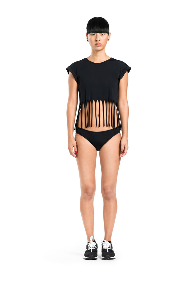 BETH RICHARDS Fringe Tee - Black ROLLED SLEEVE TEE WITH FRINGE DETAIL ALONG HEM BETH RICHARDS Fringe Tee - Black ROLLED SLEEVE TEE WITH FRINGE DETAIL ALONG HEM