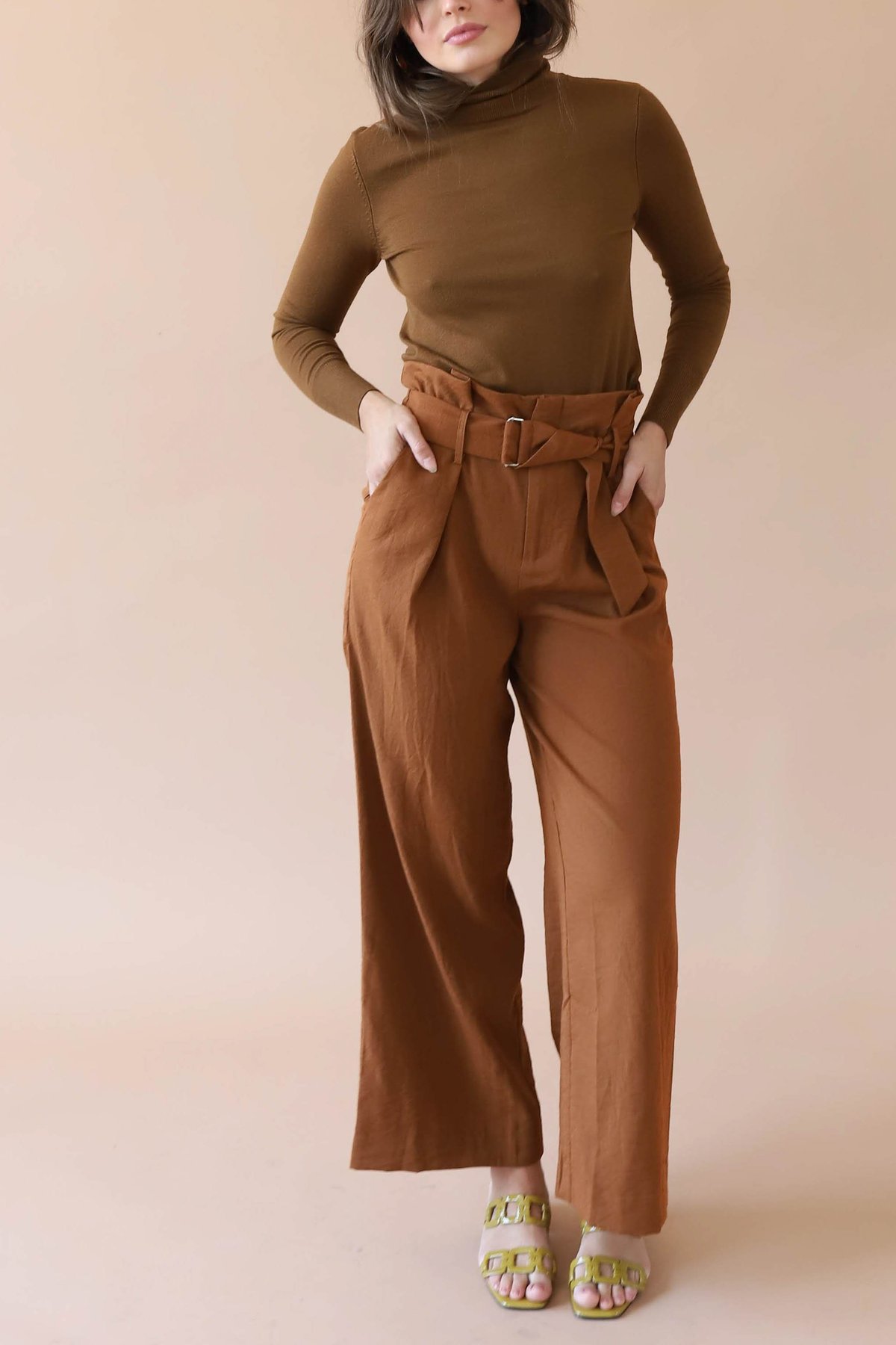 J.O.A. Belted Wide Leg Pants - Brown 
