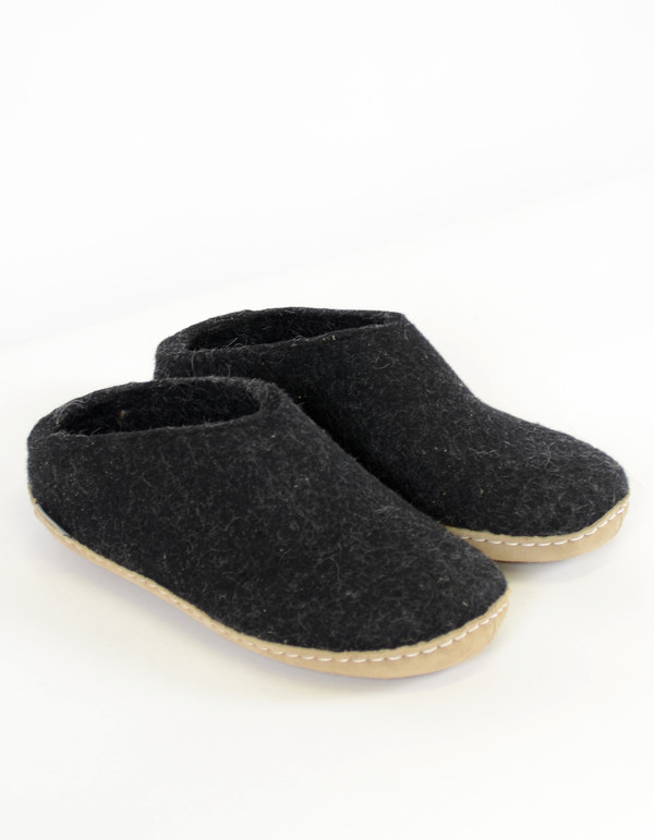 Glerups Women's Wool Slipper Leather Sole Charcoal Glerups Women's Wool Slipper Leather Sole Charcoal