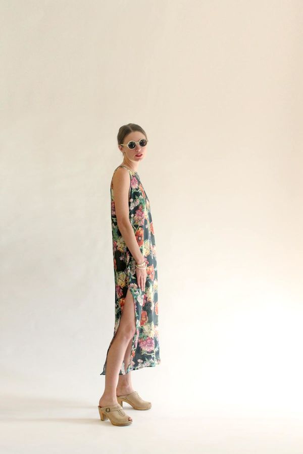 Strathcona Long Silk High Neck Dress in Watercolour Bouquet Strathcona Long Silk High Neck Dress in Watercolour Bouquet