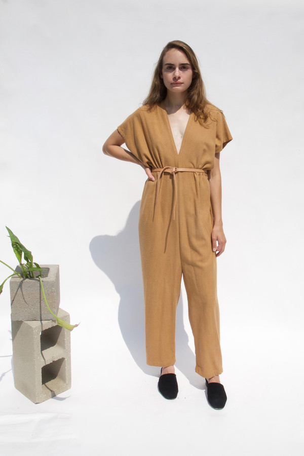 Miranda Bennett In-Stock: Everyday Jumpsuit, Silk Noil in Camel Miranda Bennett In-Stock: Everyday Jumpsuit, Silk Noil in Camel