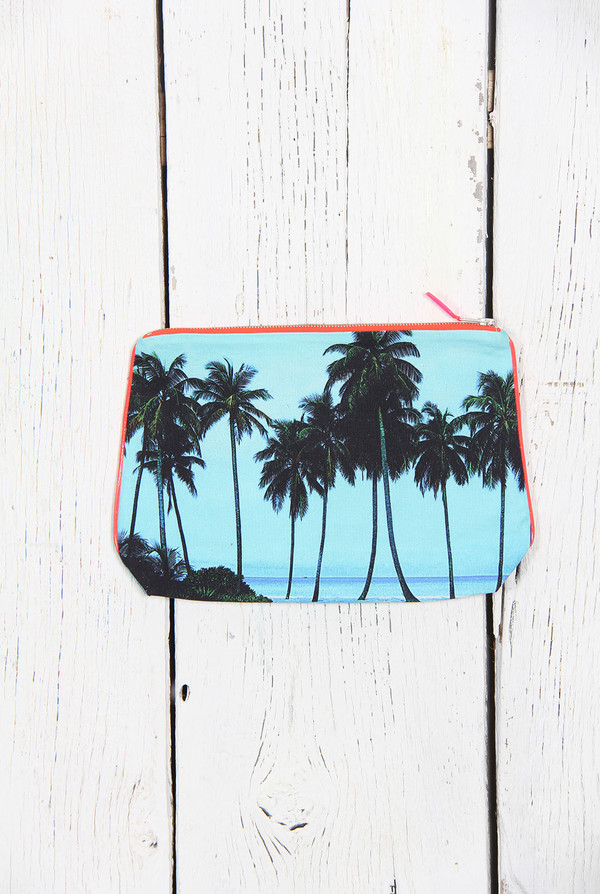 Dezso by Sara Beltran VINTAGE MALDIVES AQUA PALM CANVAS POUCH Dezso by Sara Beltran VINTAGE MALDIVES AQUA PALM CANVAS POUCH