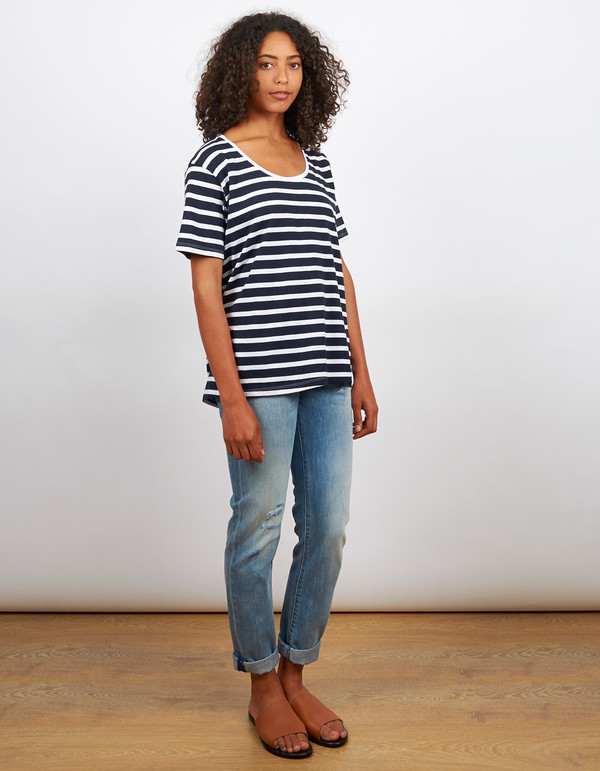 Kowtow Building Block Scoop Tee Navy & White Stripe Kowtow Building Block Scoop Tee Navy & White Stripe