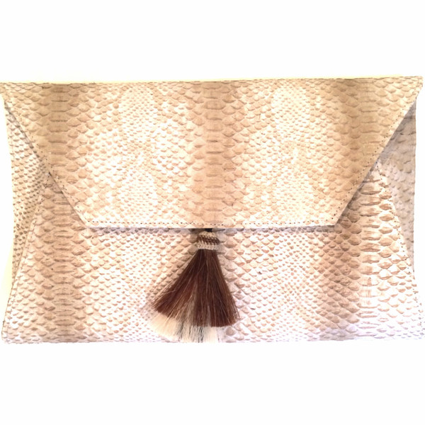 OLIVEVE cleo envelope clutch in cream cobra cow leather with horsehair tassel OLIVEVE cleo envelope clutch in cream cobra cow leather with horsehair tassel