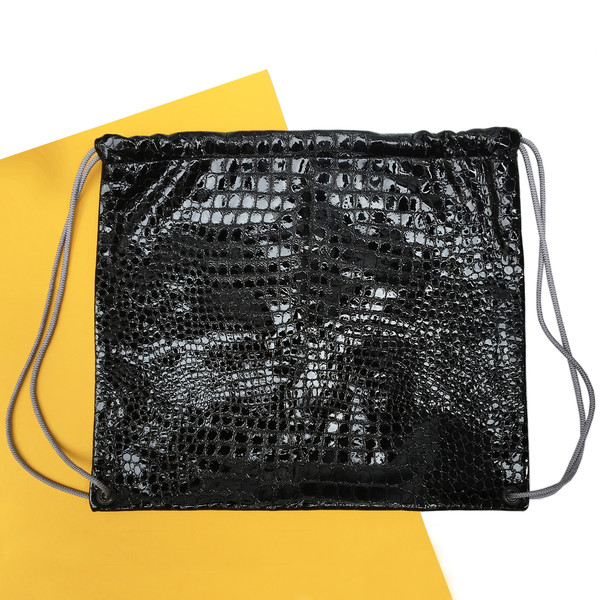 Slow and Steady Wins the Race Drawstring Backpack in Black Embossed Croc with Grey Straps Slow and Steady Wins the Race Drawstring Backpack in Black Embossed Croc with Grey Straps