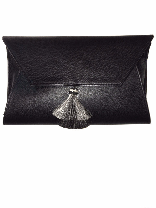 Oliveve Cleo Envelope Clutch In Black Cow Leather With Horsehair Tassel Oliveve Cleo Envelope Clutch In Black Cow Leather With Horsehair Tassel