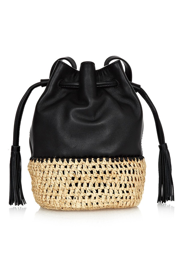 Loeffler Randall - Black Leather Bucket Bag With Woven Raffia Loeffler Randall - Black Leather Bucket Bag With Woven Raffia