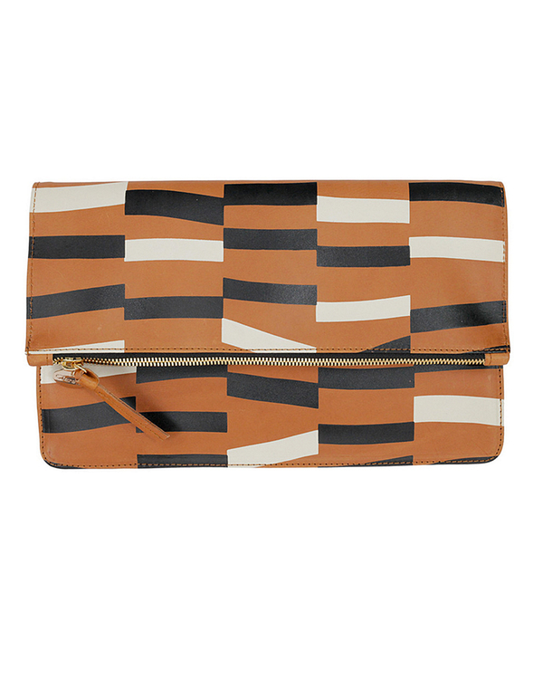 Clare V. Brown Leather Margot Foldover Clutch with Abstract Print Clare V. Brown Leather Margot Foldover Clutch with Abstract Print