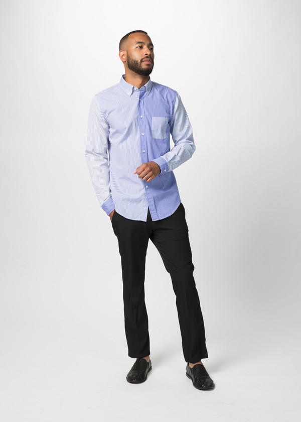 Men's Wooster + Lardini Panel Woven Stripe Shirt - Blue Men's Wooster + Lardini Panel Woven Stripe Shirt - Blue