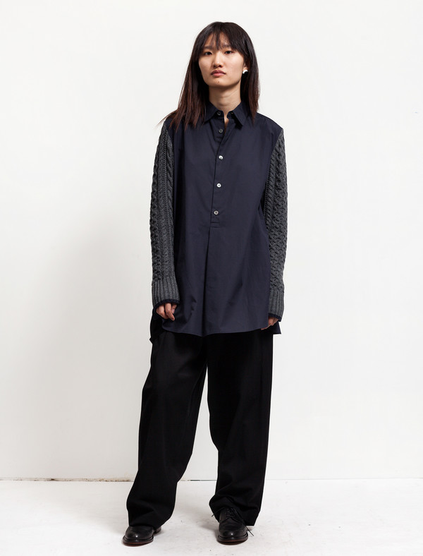 Ys by Yohji Yamamoto Womens Knit Sleeve Shirt Navy/Grey Ys by Yohji Yamamoto Womens Knit Sleeve Shirt Navy/Grey