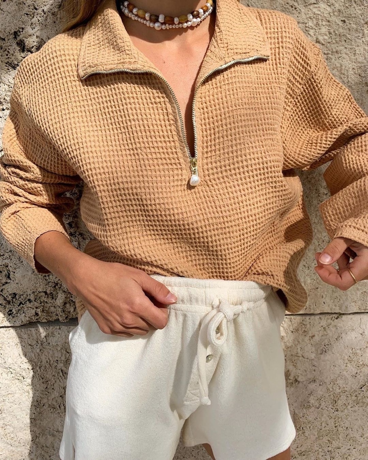 Donni. Waffle 1/2 Zip Pullover - Latte 
