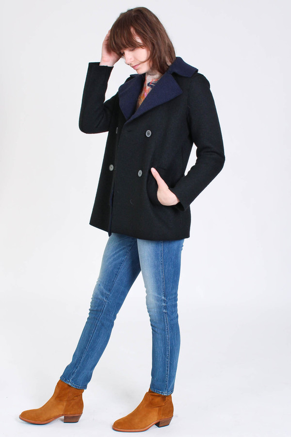 Harris Wharf London Long peacoat with shearling lining in black Harris Wharf London Long peacoat with shearling lining in black