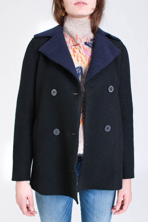 Harris Wharf London Long peacoat with shearling lining in black Harris Wharf London Long peacoat with shearling lining in black