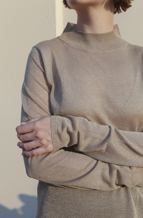 Pari Desai Althea Fine Gauge Metallic Sweater in Gold Pari Desai Althea Fine Gauge Metallic Sweater in Gold