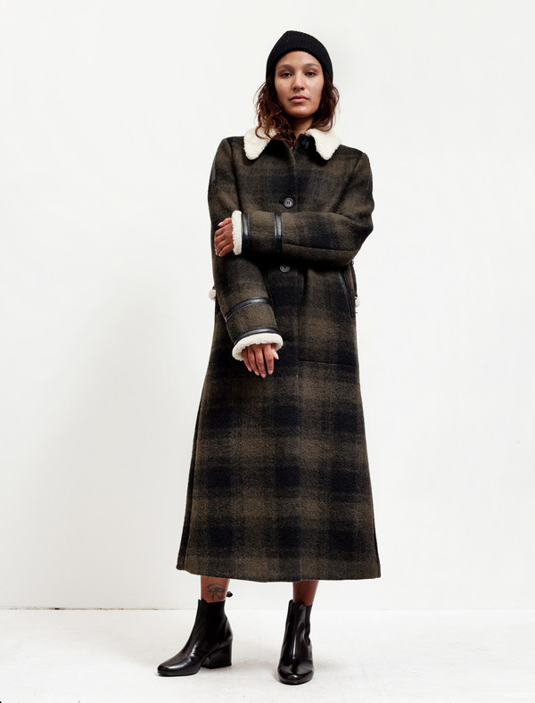 MM6 by Maison Margiela Womens Long Plaid Coat With Shearling MM6 by Maison Margiela Womens Long Plaid Coat With Shearling
