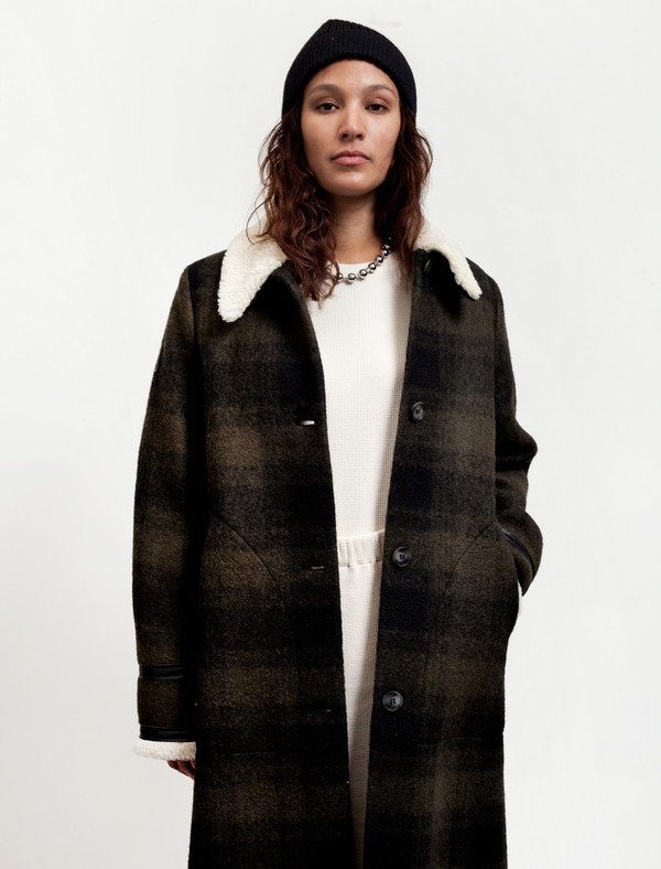 MM6 by Maison Margiela Womens Long Plaid Coat With Shearling MM6 by Maison Margiela Womens Long Plaid Coat With Shearling