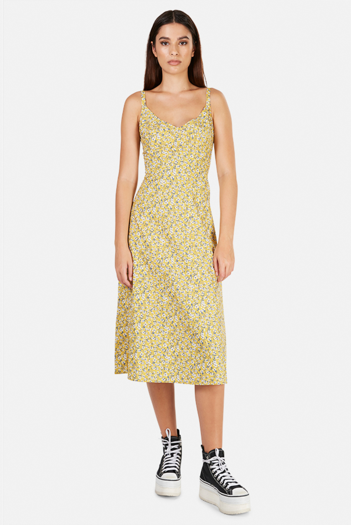 yellow floral midi dress