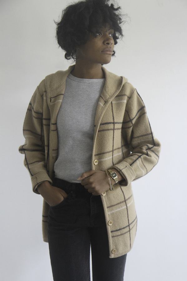The Shudio Vintage Hooded Cream Plaid Sweater Coat The Shudio Vintage Hooded Cream Plaid Sweater Coat