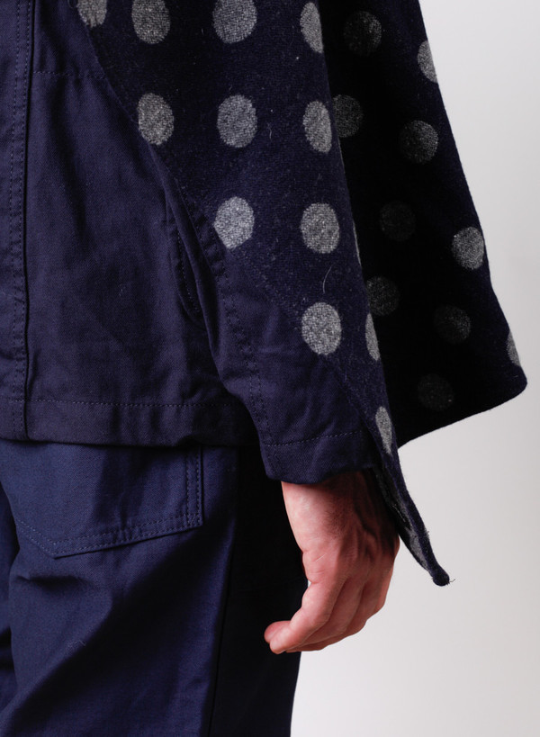 Engineered Garments Button Shawl Navy/Grey Polka Dot Jacquard Engineered Garments Button Shawl Navy/Grey Polka Dot Jacquard