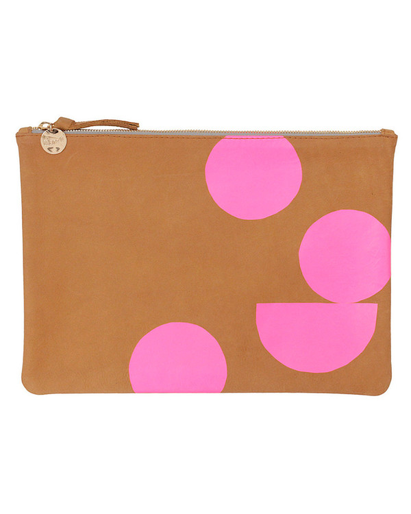 Clare V. Camel Nubuck Flat Clutch with Pink Circles Clare V. Camel Nubuck Flat Clutch with Pink Circles