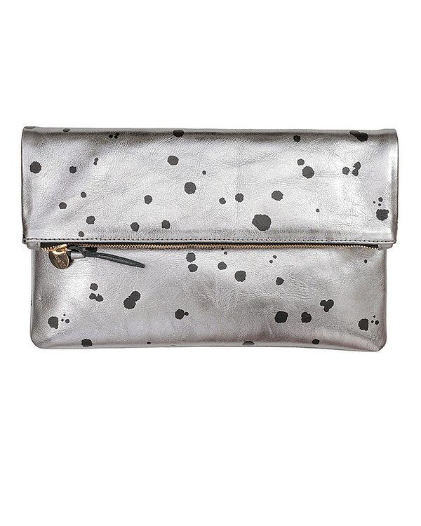 Clare V. Foldover Clutch in Silver Leather with Black Splash Dots Clare V. Foldover Clutch in Silver Leather with Black Splash Dots