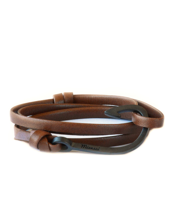 Miansai Black Fish Hook And Brown Leather Wrap Bracelet Miansai Black Fish Hook And Brown Leather Wrap Bracelet