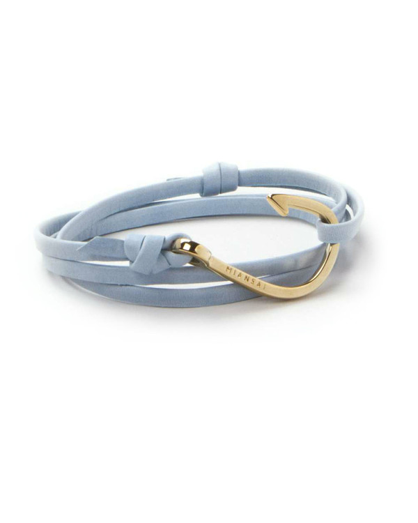 Miansai Gold Fish Hook And Sky Blue Leather Wrap Bracelet Miansai Gold Fish Hook And Sky Blue Leather Wrap Bracelet