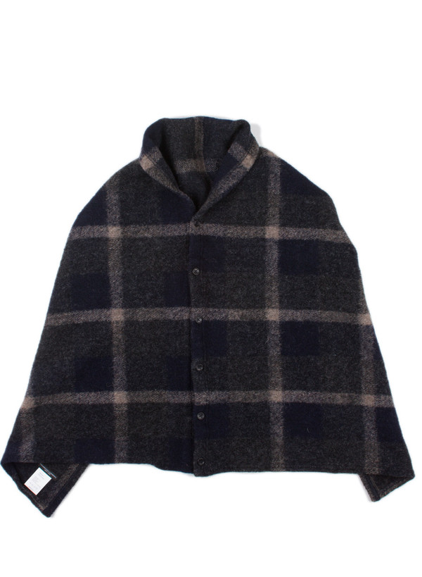 Button Shawl Dk. Navy/Grey Wool Knit Plaid Button Shawl Dk. Navy/Grey Wool Knit Plaid