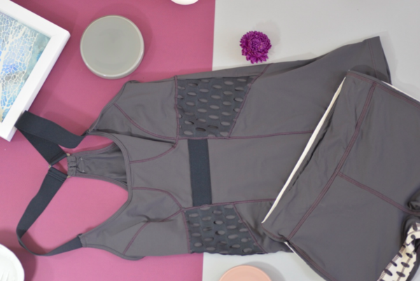 VPL Overall Tank: All charcoal x Eggplant Stitches VPL Overall Tank: All charcoal x Eggplant Stitches