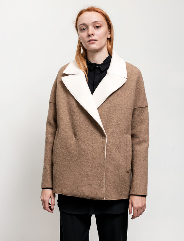 Harris Wharf Womens Shearling Collar Jacket Boiled Wool Camel Harris Wharf Womens Shearling Collar Jacket Boiled Wool Camel