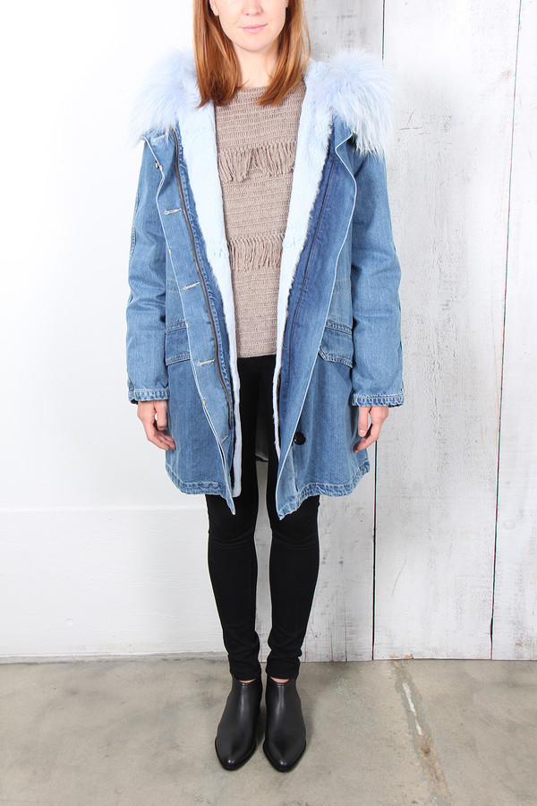 Yves Salomon BLUE FUR-LINED DENIM PARKA Yves Salomon BLUE FUR-LINED DENIM PARKA