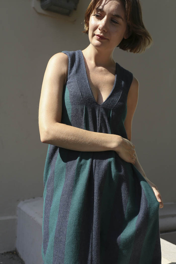CARLEEN Pleat Shoulder Dress in Green/Graphite CARLEEN Pleat Shoulder Dress in Green/Graphite