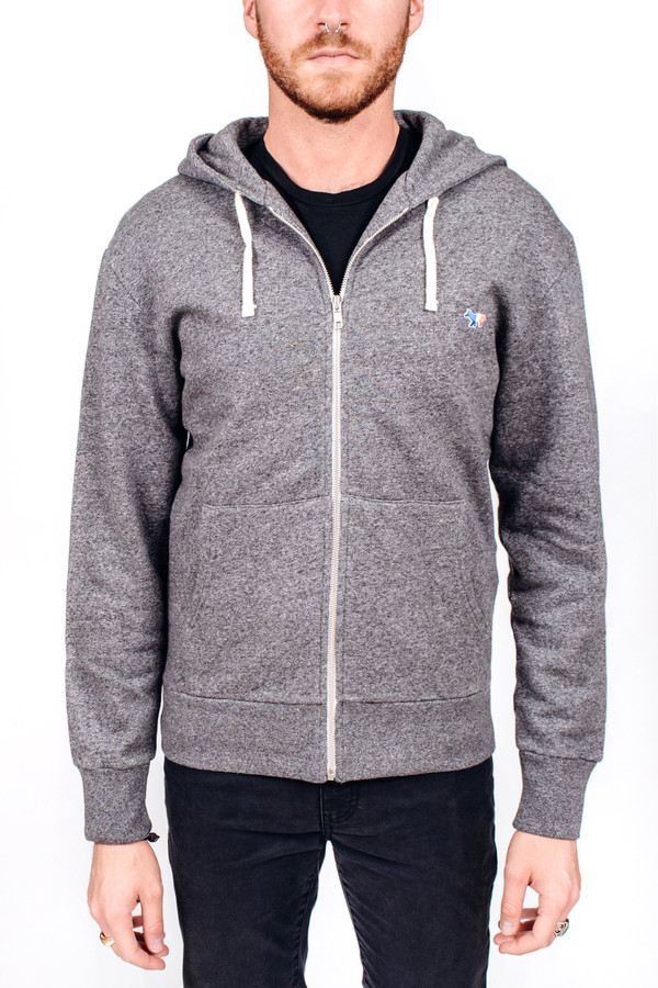 Men's Maison Kitsune Zip Hoodie Tricolor Patch Men's Maison Kitsune Zip Hoodie Tricolor Patch
