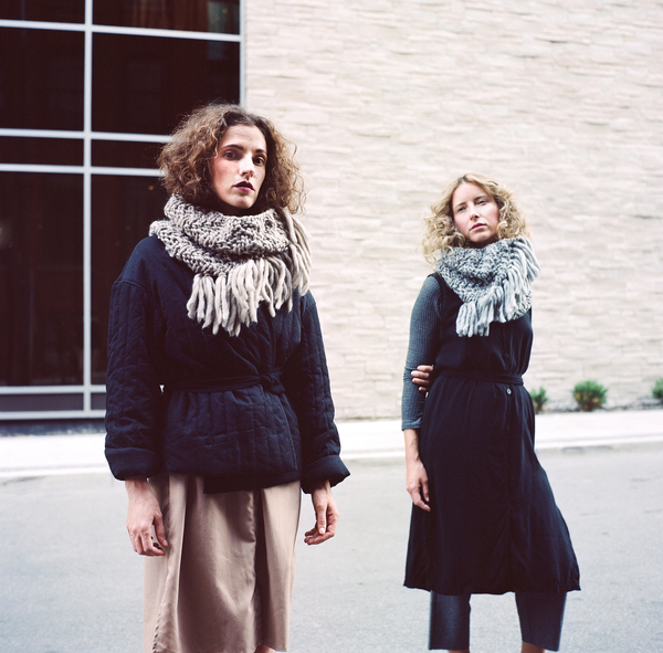 good night, day Durand Cowl diagonal ribbed w/ fringe (shown in fawn & gray) good night, day Durand Cowl diagonal ribbed w/ fringe (shown in fawn & gray)